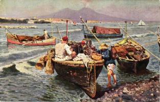 Naples, Napoli; Mergellina, art postcard, artist signed