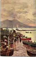 Naples, Napoli; S. Lucia Nuova, Borgo Marinaro / port, art postcard, artist signed