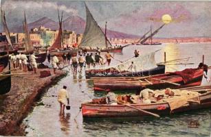 Naples, Napoli; Spiaggia del Carmine / beach, art postcard, artist signed