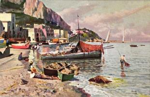 Naples, Napoli; Marina Grande / port, art postcard, artist signed