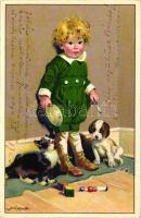 Child with cat and dog, Meissner &amp; Buch Kunstkarte Nr. 3158. litho, artist signed