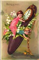 New Year, fairies, floral, clock, E.A.S. 16724. litho