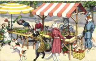 Cats in marketplace with dog policeman, Max Künzli No. 4756