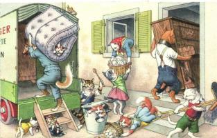 Cat family moving, with dog movers, Max Künzli No. 4760