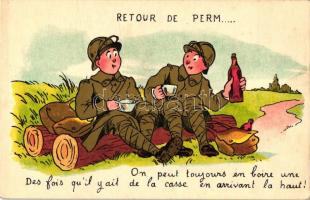 Első világháborús francia humoros képeslap., Retour de Perm... / WWI French military humour