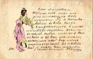 1899 Lady, floral Emb. greeting card