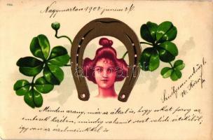 Lady, horseshoe, clover, litho (EK)