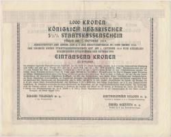 Budapest 1916. "5 1/2%-kal kamatozó Magyar Királyi Állami Pénztárjegy" 1000K-ról, szárazpe...