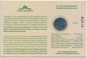 2005. 10Ft Cu-Ni "József Attila" sorszámozott emléklapon T:1