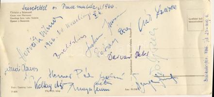 1966 Pinceszínház színészeinek aláírása levelezőlapon