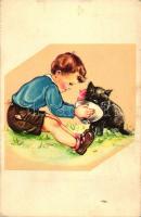 Italian art postcard, child feeding a cat, Cecami No. 1035, artist signed (EK)