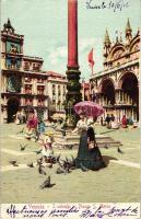 Venice, Venezia; I colombi in Piazza S. Marco / square, column, feeding pigeons, litho