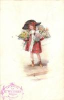 Italian art postcard, girl with bouquets of flowers, Erkal No. 342/3. (EB)