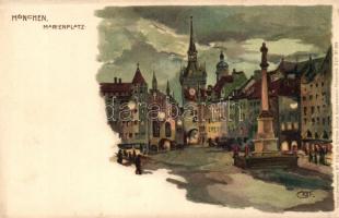 München, Marienplatz / square, Kuenstlerpostkarte No. 1170. von Ottmar Zieher, litho, artist signed