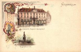 Nürnberg, Tugendbrunnen, Kunstgewerbl. Magazin Gg. Leykauf / fountain, Art Nouveau litho s: K. Zinn