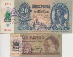 1939. 5P + 1941. 20P mindkettő hamis adópengő bélyeggel és hamis Debreceni Fiókintézet MNB bélyegzéssel (fake stamps and overprints) T:III
