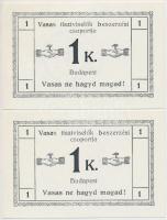 Budapest ~1920. 1K Vasas tisztviselők beszerzési csoportja szükségpénz, hátlapon körbélyegzővel (2x) T:I,I-