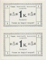 Budapest ~1920. 1K Vasas tisztviselők beszerzési csoportja szükségpénz, hátlapon körbélyegzővel (2x) T:I,I-