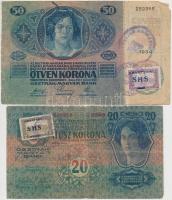 1913. 20K + 1914. 50K mindkettő Magyar Kir. Posta bélyeggel és SHS felülbélyegzéssel T:III- ragasztott