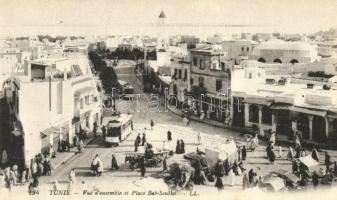 Tunis, 'Vue d'ensemble et Place Bab-Souika'  / general view with the Bab-Souika square, market, tram, probably taken from postcard booklet