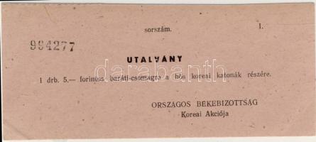 1950-es évek eleje "Országos Békebizottság Koreai Akciója" utalvány 5Ft-ról T:II+ RR!!