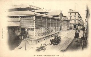 Algiers, Alger; 'Le Marché de la Lyre' / Lyra marketplace, tram, horse carriage