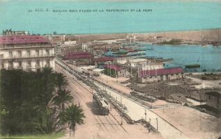 Algiers, Alger; 'Boulevard de la Republique et le port' / Republic avenue and the harbor, tram