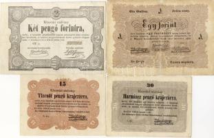 1848-49. Teljes sor 15kr,30kr,1Ft,2Ft,2Ft (fekete),5Ft 2klf szín és a román szövegben variáns,10Ft,100Ft R! T:A bankjegyek ki vannak tisztítva és részben restaurálva!