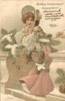 Christmas, lady, pine cones, litho (EK)