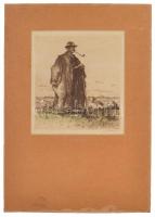 Zádor István (1882-1963): Pipázó pásztor. Színezett rézkarc, papír-karton, 28×38 cm
