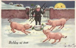 'Boldog új évet' / New Year, chimney sweeper, pigs, clover, Erkal No. 6208 (EK)