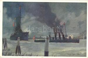 SMS Novara und Scharfschütze im Kanal von Porto Corsini bei Beschiessung der italianischen Strandbatterien am 24. Mai 1915 / WWI K.u.K. Navy, Österr. Flottenverein s: Harry Heusser
