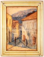 Antal Ferenc: Tokaj, Főtér. Akvarell, karton, jelzett, üvegezett keretben, 50×35