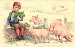 New Year, boy, pigs, clover, Amag 4054. litho