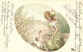 &#039;Fröhliche Ostern&#039; / Easter, girl with lamb, litho (b)