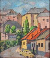 Mo jelzéssel: Utcarészlet. Olaj, farost, keretben, 42×35 cm