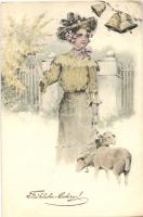 'Fröhliche Ostern!' / Easter, lady with lambs, bell (EK)