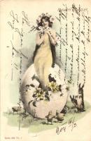 &#039;Húsvéti üdvözlet&#039; / Easter, lady hatching from an egg, rabbits (EK)