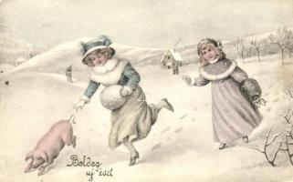 &#039;Boldog új évet&#039; / New Year, children chasing pig, V.K. Vienne No. 5357 (fa)