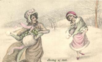 &#039;Boldog új évet&#039; / New Year, young ladies playing snowball, V.K. Vienne No. 5053