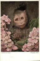 Monkey on greeting card &#039;Ich grüsse dich!&#039;, T.S.N.-M.K. No. 133, s: Gabriel von Max (EK)