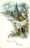 Greeting card, lit church during wintertime, E.C. No. 110, litho (EB)