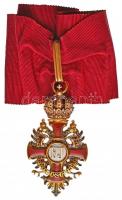 1872. A Ferenc József-rend középkeresztje zománcozott, jelzett arany kitüntetés vörös nyakszalaggal, eredeti adományozói dísztokban, a medalion hátsó lemeze nyitható, karikán VM (Vinz. MAYER, WIEN) gyártói jelzéssel T:1- apró zománchiány, tokon lyuk Hungary 1872. Order of Franz Joseph, Commanders Cross - Franz Josephs-Orden, Komturkreuz enamelled, hallmarked gold decoration with red neck ribbon and opening medallion, in original case, makers mark VM (Vinz. MAYER, WIEN) on the ring C:AU tiny enamel missing, a hole on the case NMK 194.