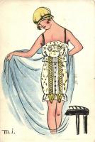Gently erotic art postcard, dressing lady s: M.I. (EK)
