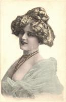 Lady in blue dress, golden decorated postcard