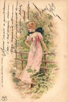 1899 Lady standing by the fence, S.u.S.B. Franz. Künstler Karten No. 1, litho (EK)