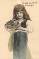 &#039;Boldog pünkösdi ünnepeket!&#039; / Pentecost, Girl with a basket of flowers, golden decorated, No. 1012 (EK)