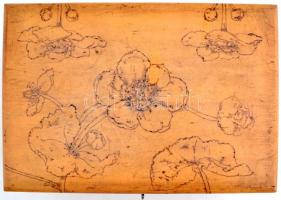 Szecessziós pirogravált zárható fa doboz, alján repedéssel, szakszerűen restaurálva, kulccsal, 27x19...