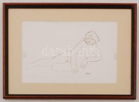Dániel Kornél Miklós (1923-2002): Fekvő női akt, diópác, papír, paszpartuban, üvegezett fa keretben, 19,5×28 cm
