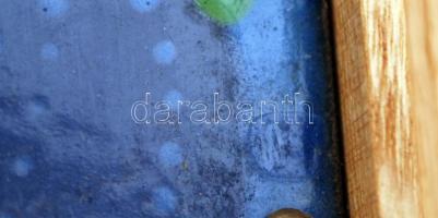 Petrilla István (1935-2000): Lány pávával. Tűzzománc, fémlemez, jelzett, fatáblára erősítve, 17×11 c...